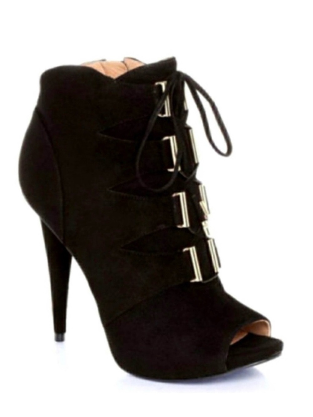 Black Suede Peep-Toe Ankle Booties with Buckle Detail Marciano size 9.5